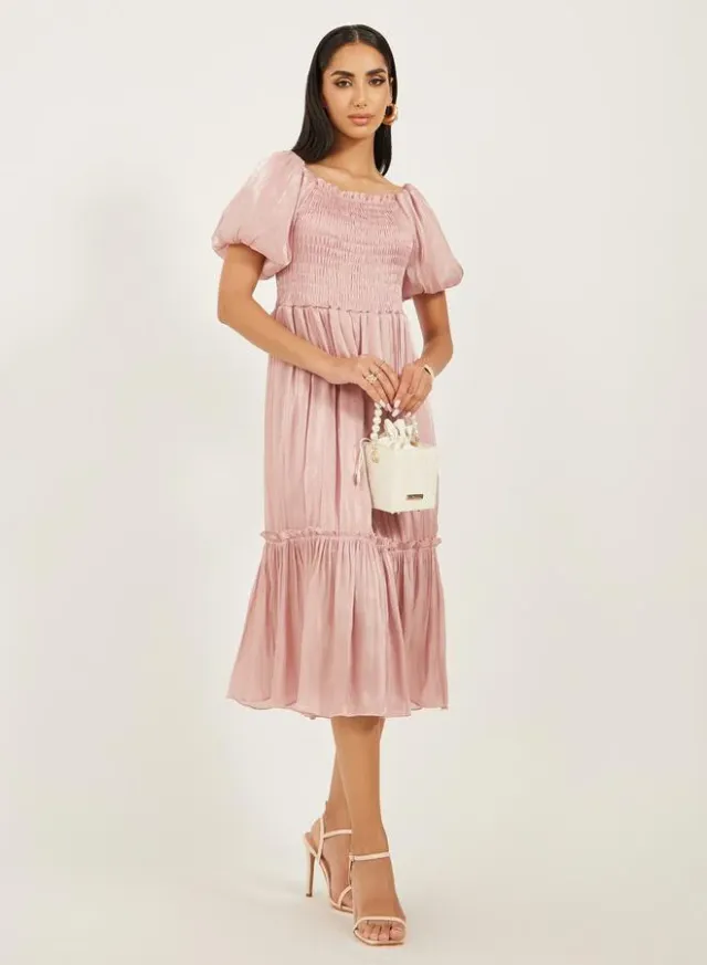 Puff Sleeve A-Line Midi Dress Brown