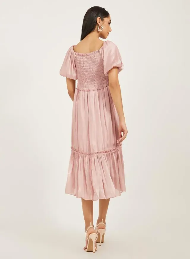 Puff Sleeve A-Line Midi Dress Brown – image 5