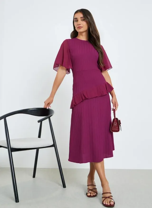Puff Sleeve A-Line Midi Dress Brown – image 5