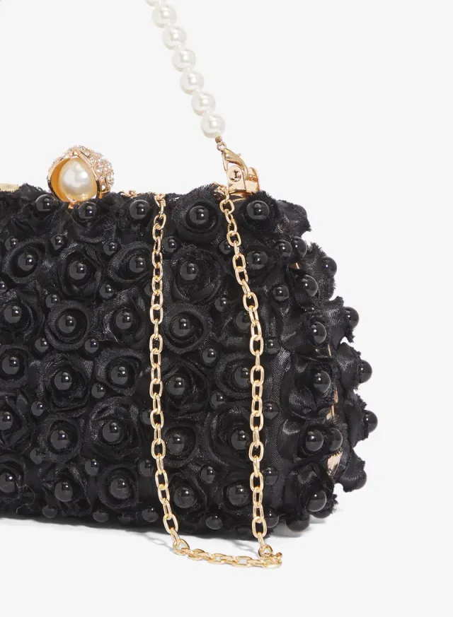 Ella Black Floral Pearl Embellished Gold-tone Clutch Bag – image 3