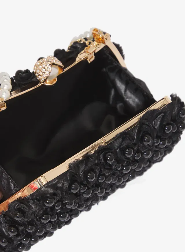 Ella Black Floral Pearl Embellished Gold-tone Clutch Bag – image 4