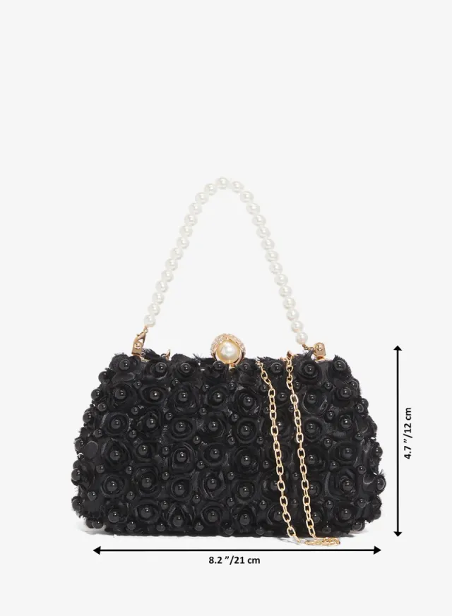 Ella Black Floral Pearl Embellished Gold-tone Clutch Bag – image 5