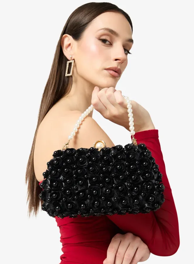 Ella Black Floral Pearl Embellished Gold-tone Clutch Bag – image 6