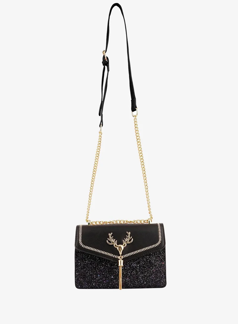 Black Faux Leather Mini Bag with Glitter Embellishment and Flap Closure
