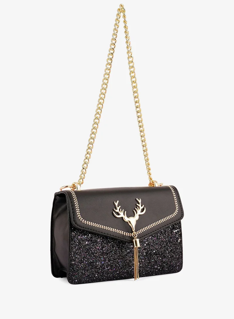 Black Faux Leather Mini Bag with Glitter Embellishment and Flap Closure