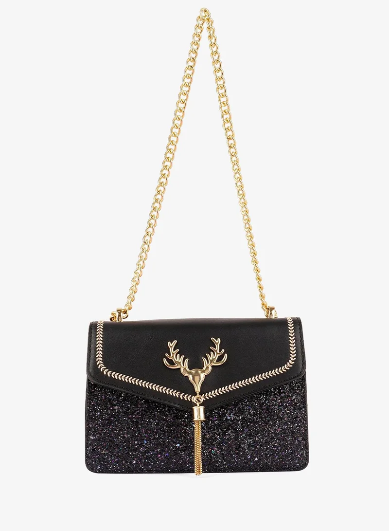 Black Faux Leather Mini Bag with Glitter Embellishment and Flap Closure