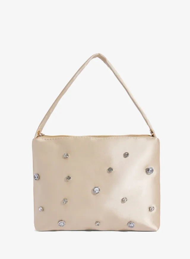 Off-White Satin Clutch with Diamante Embellishments and Chain Strap
