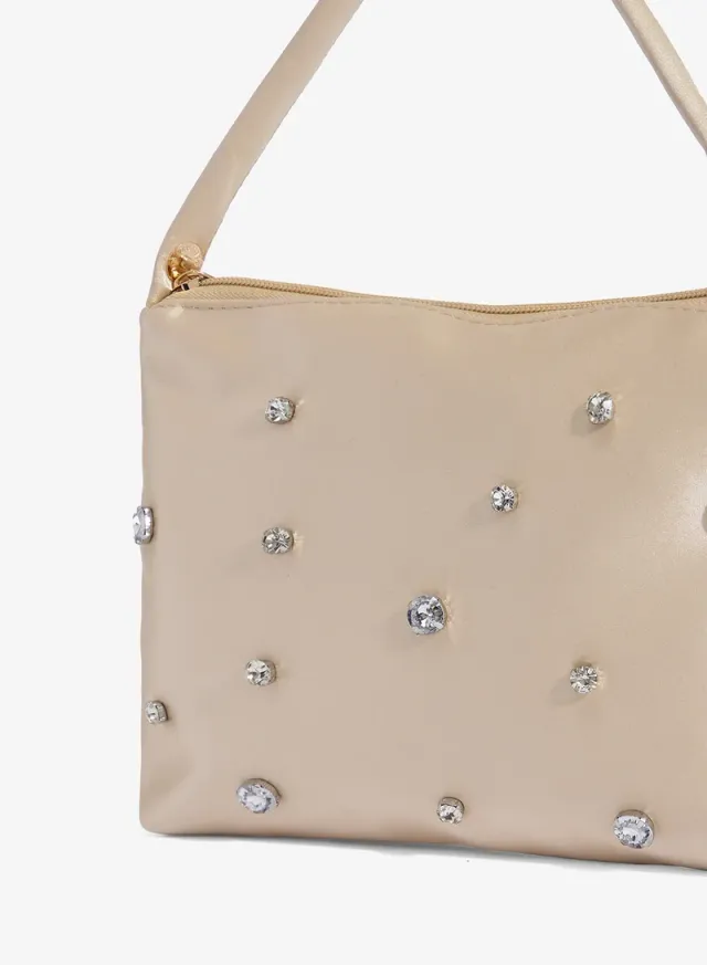 Off-White Satin Clutch with Diamante Embellishments and Chain Strap – image 3