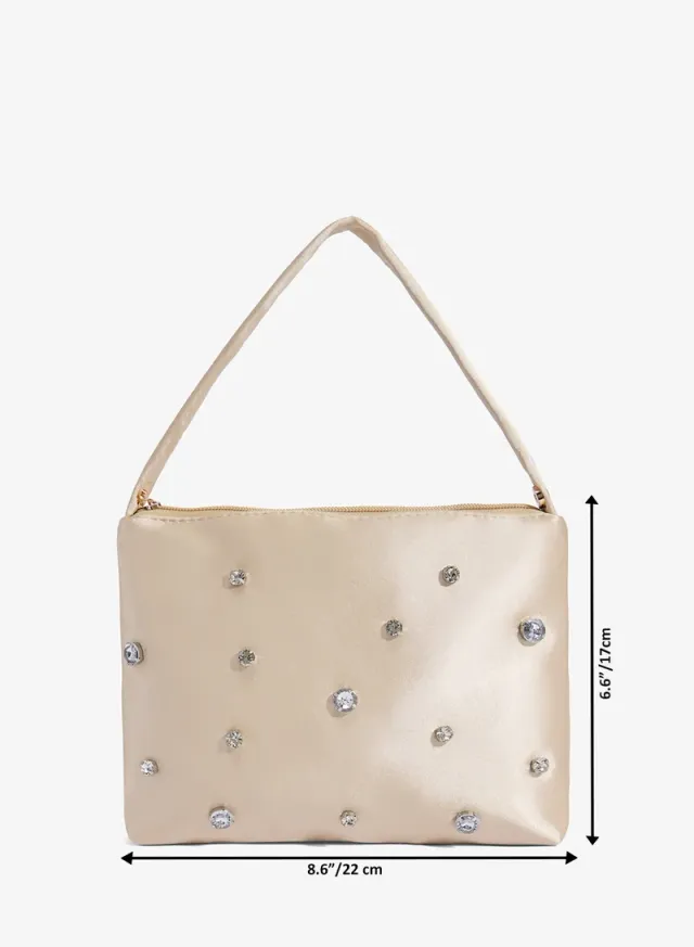 Off-White Satin Clutch with Diamante Embellishments and Chain Strap – image 5