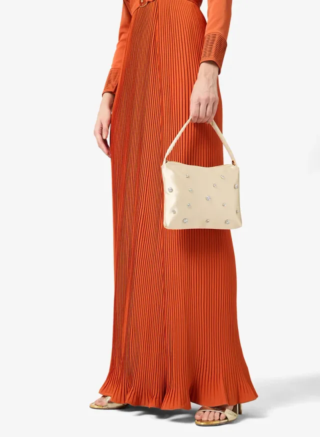Off-White Satin Clutch with Diamante Embellishments and Chain Strap – image 6