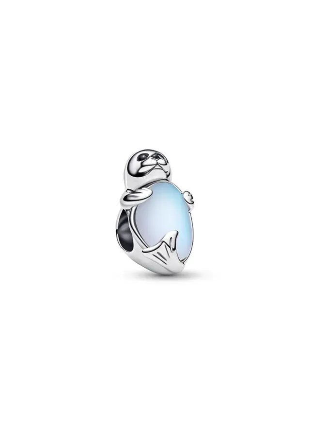 Sterling Silver Seal Charm with Iridescent Moonstone Glass