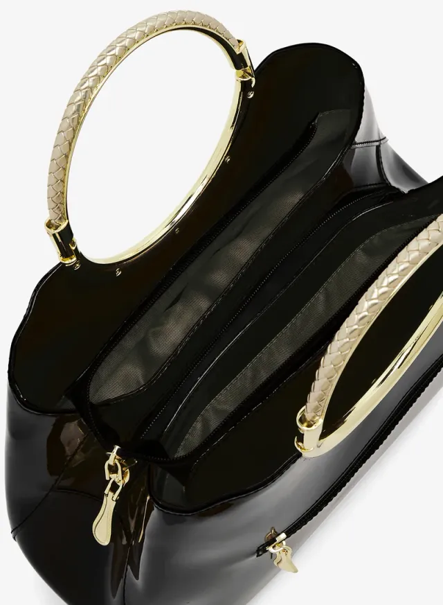 Black Geometric Evening Bag with Gold Ring Handle – image 4