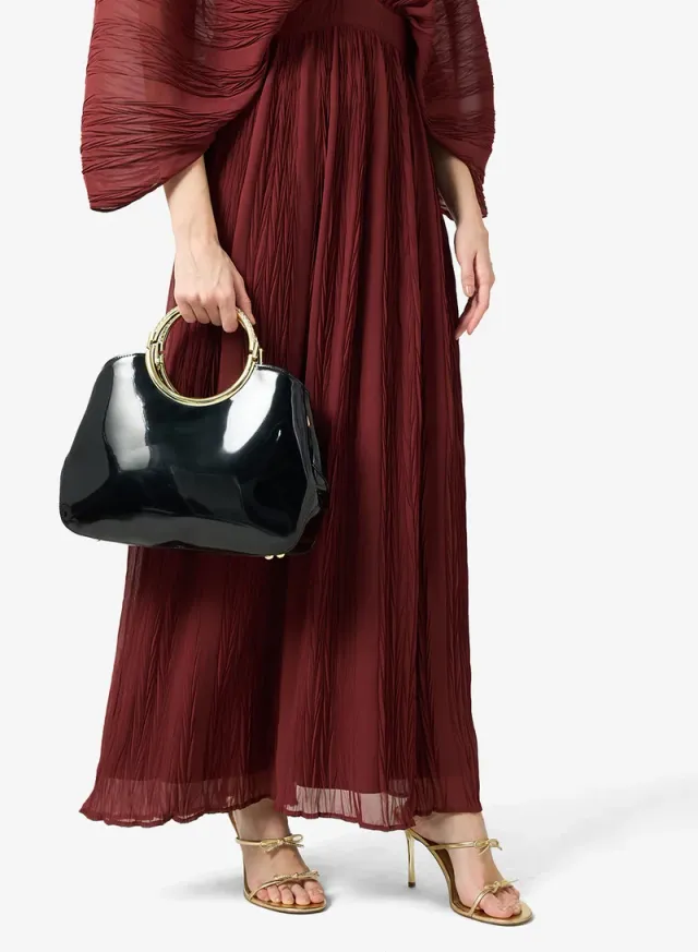 Black Geometric Evening Bag with Gold Ring Handle – image 6