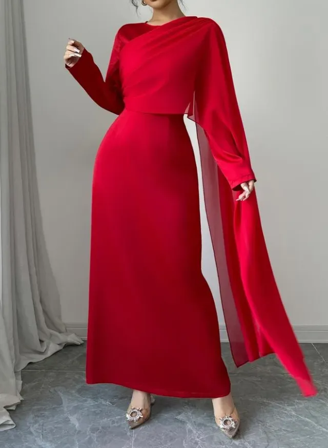 Round Neck Split Sleeve Solid Maxi Dress