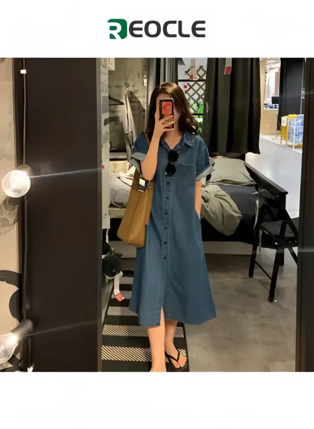 Women's Denim Dress Classic Button Down Denim Shirt Dress  Casual V Neck Short Sleeve Jean Dress
