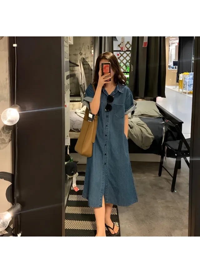 Women's Denim Dress Classic Button Down Denim Shirt Dress Casual V Neck Short Sleeve Jean Dress – image 2