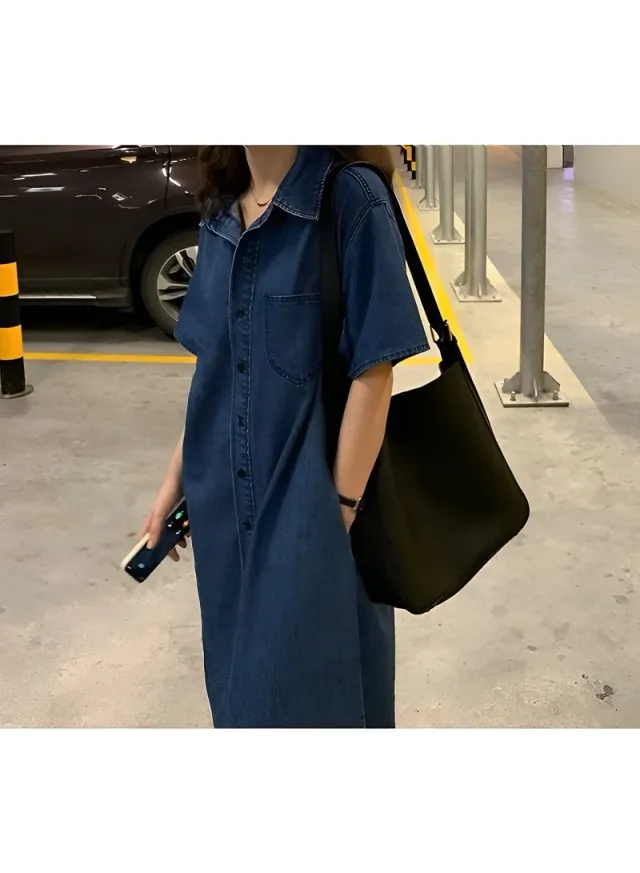 Women's Denim Dress Classic Button Down Denim Shirt Dress Casual V Neck Short Sleeve Jean Dress – image 3