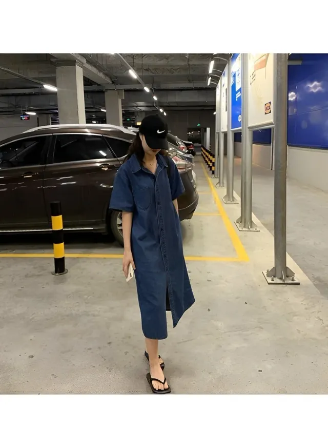 Women's Denim Dress Classic Button Down Denim Shirt Dress Casual V Neck Short Sleeve Jean Dress – image 4