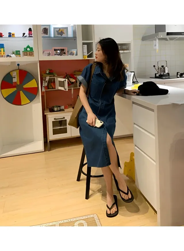 Women's Denim Dress Classic Button Down Denim Shirt Dress Casual V Neck Short Sleeve Jean Dress – image 5