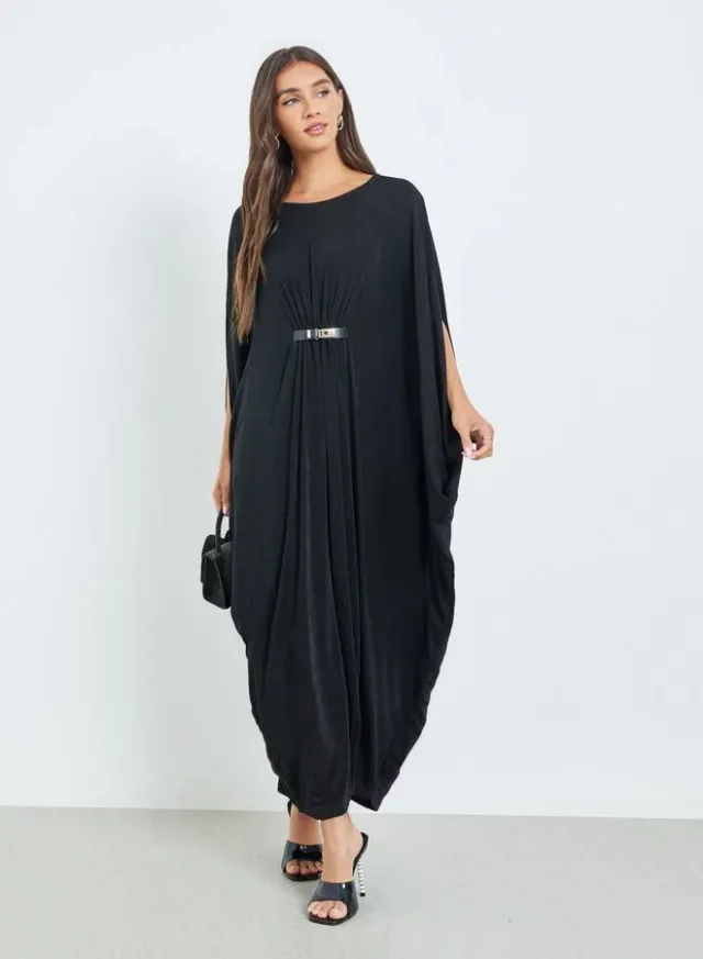 Black Kimono Sleeve Maxi Dress with Buckle Detail