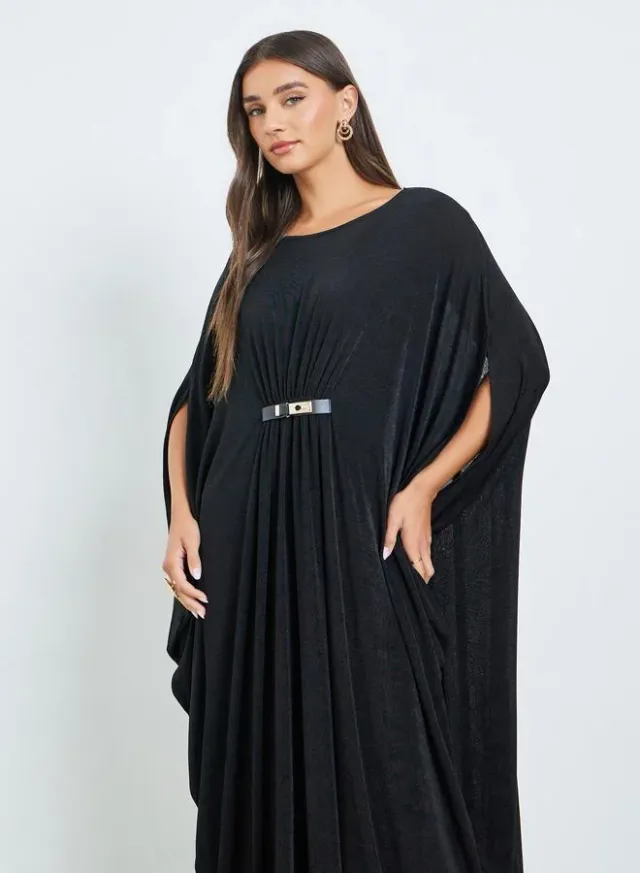 Black Kimono Sleeve Maxi Dress with Buckle Detail – image 2