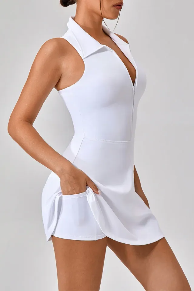 Zesty Zipper فستان تنس وباديل مع صدرية مدمجة ووسادات قابلة للإزالة وشورت مدمج - أسود – صورة 3