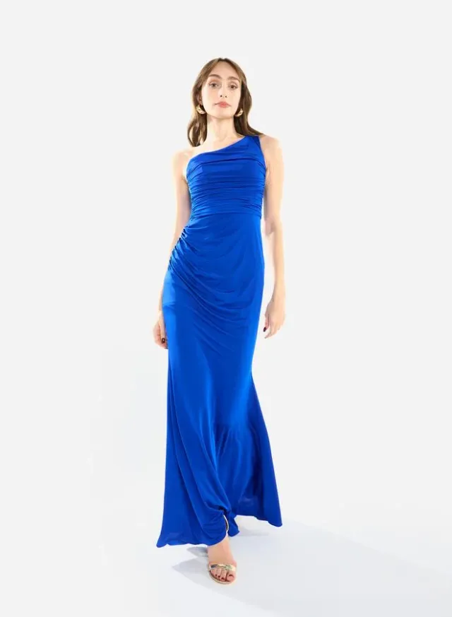 Women One Shoulder Draped Evening Maxi Dress