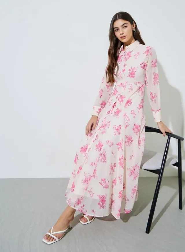 Off-White Floral Print Long Sleeves Shirt Maxi Dress
