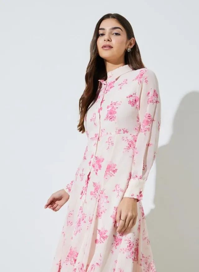 Off-White Floral Print Long Sleeves Shirt Maxi Dress – image 2