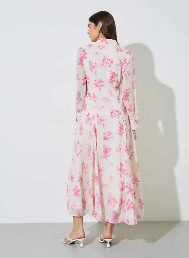 Off-White Floral Print Long Sleeves Shirt Maxi Dress – image 3