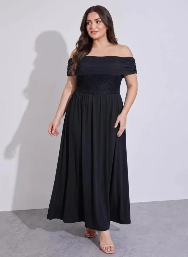 Lace Off Shoulder A-Line Maxi Dress