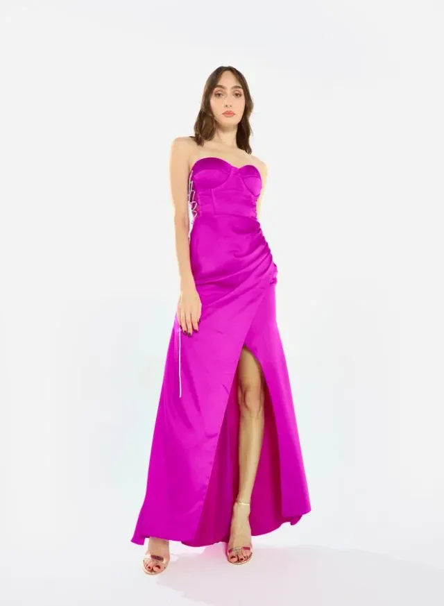 Women Side Lace Detail Bodice Slit Gown Maxi Dress – image 3