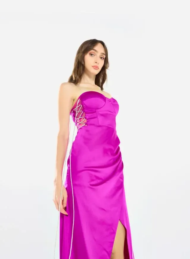 Women Side Lace Detail Bodice Slit Gown Maxi Dress – image 4