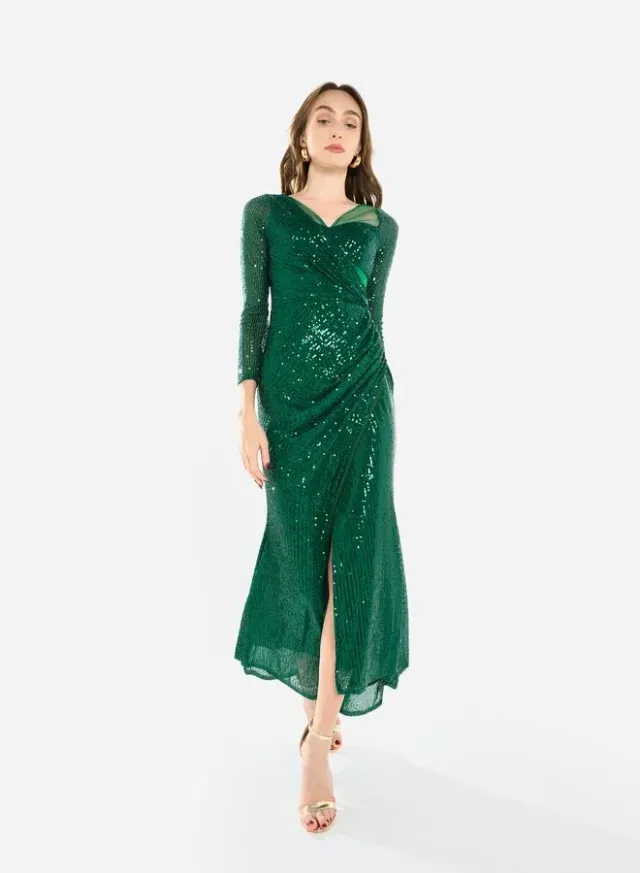 Women Sequin Wrap Slit Maxi Dress