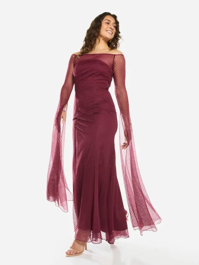 Sheer Overlay Off-Shoulder Maxi Dress – image 3
