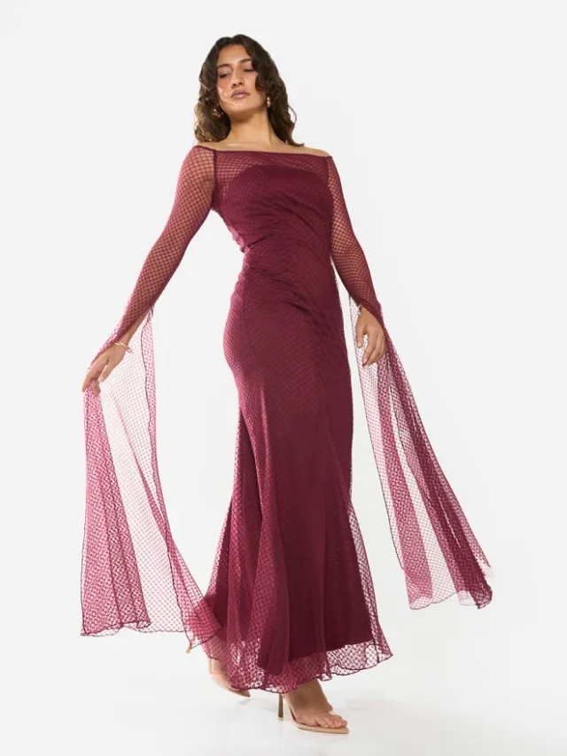 Sheer Overlay Off-Shoulder Maxi Dress – image 5