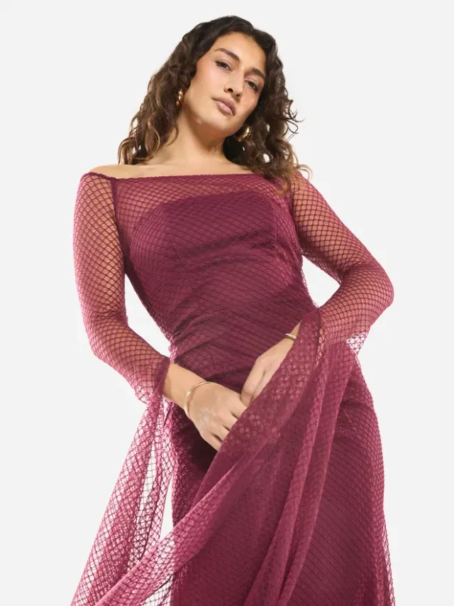 Sheer Overlay Off-Shoulder Maxi Dress – image 6