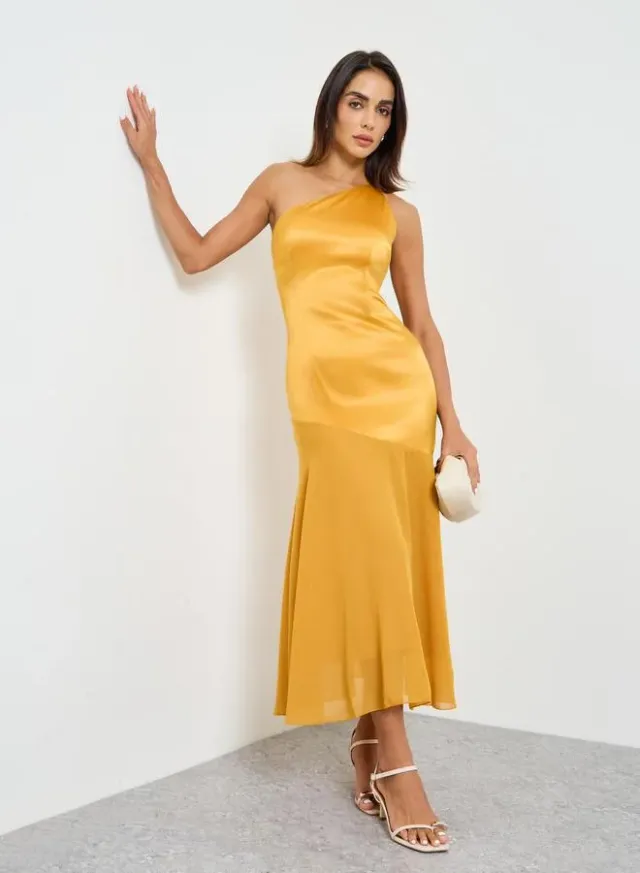 Orange Solid Bodycon Midi Dress with One Shoulder Strap
