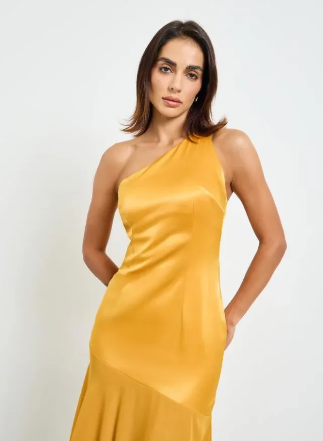 Orange Solid Bodycon Midi Dress with One Shoulder Strap – image 2
