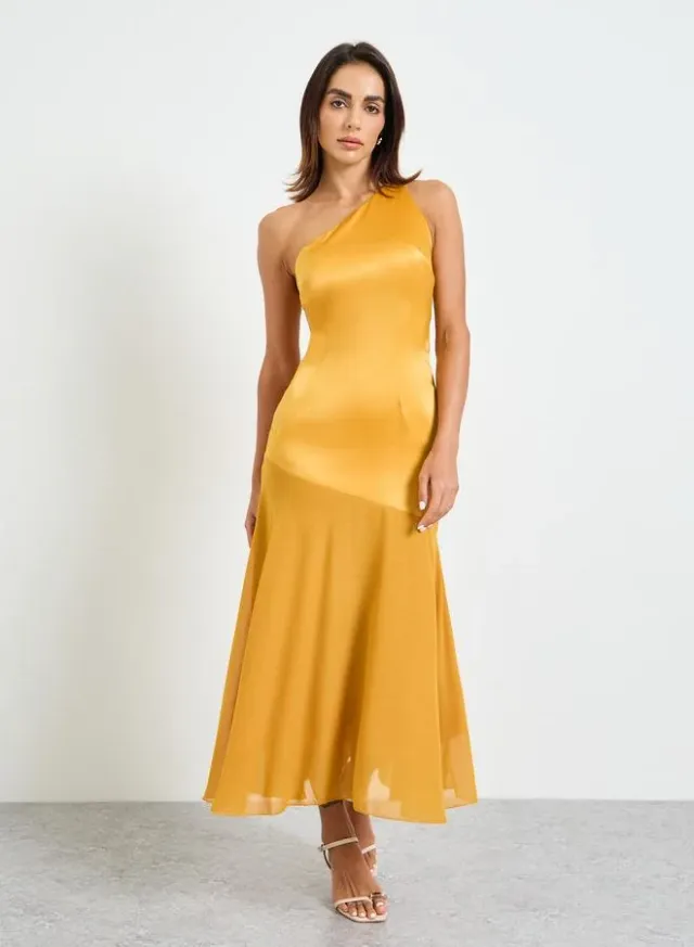 Orange Solid Bodycon Midi Dress with One Shoulder Strap – image 3