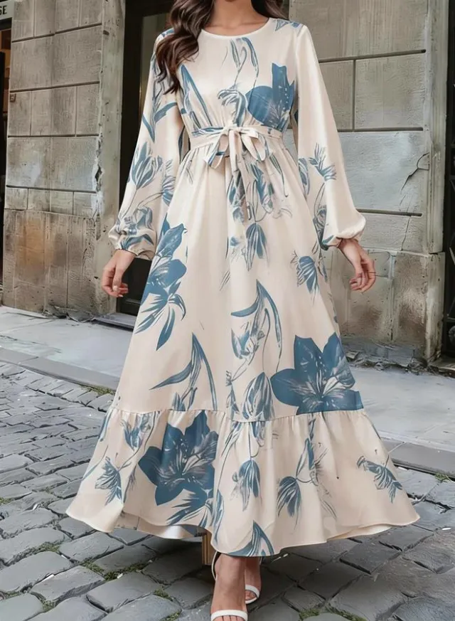 Blue Stand Collar Zip-Up Maxi Dress with Tie-Belt