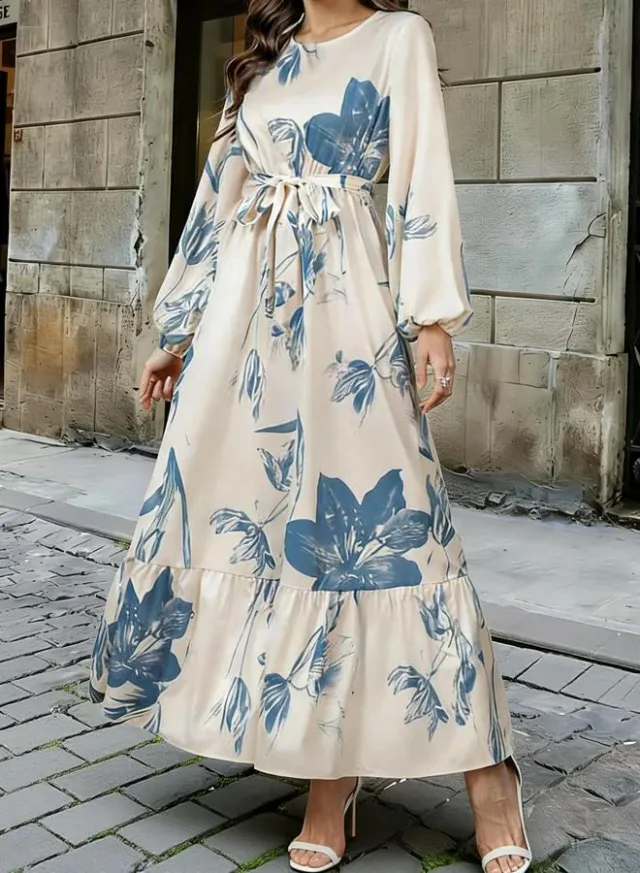 Blue Stand Collar Zip-Up Maxi Dress with Tie-Belt – image 3