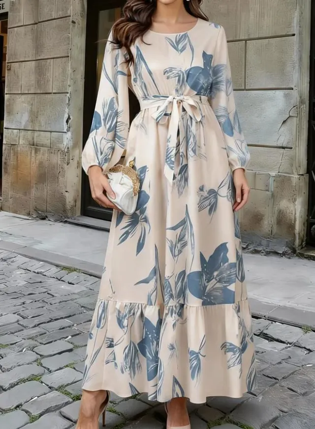 Blue Stand Collar Zip-Up Maxi Dress with Tie-Belt – image 4