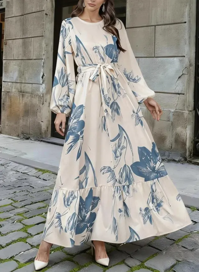 Blue Stand Collar Zip-Up Maxi Dress with Tie-Belt – image 5