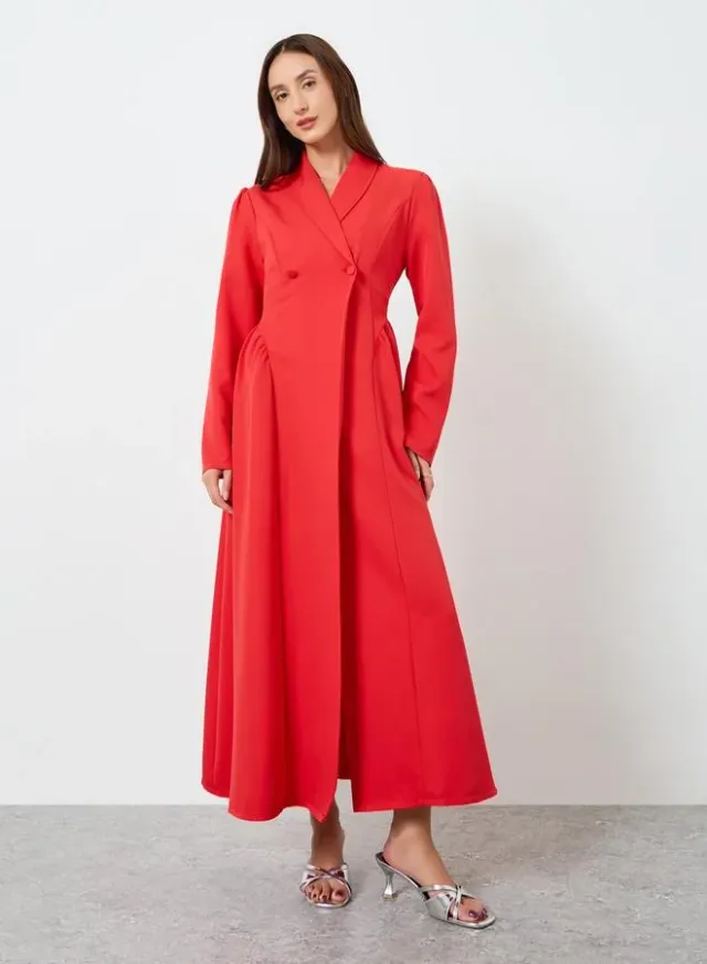 Blue Stand Collar Zip-Up Maxi Dress with Tie-Belt
