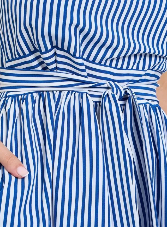 فستان ميدي مخطط بكتف واحد - أزرق – صورة 4