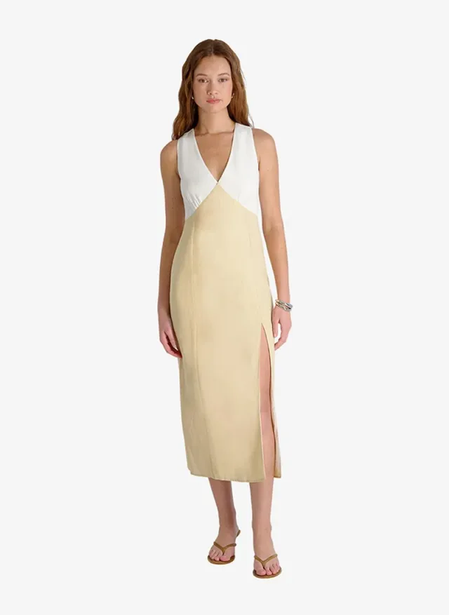 Women's Summer White-Ecru Cooper Linen V-Nck Midi Dress