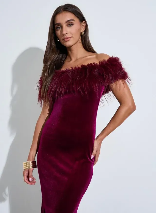 Off Shoulder Faux Fur Detail Mermaid Hem Maxi Dress – image 2
