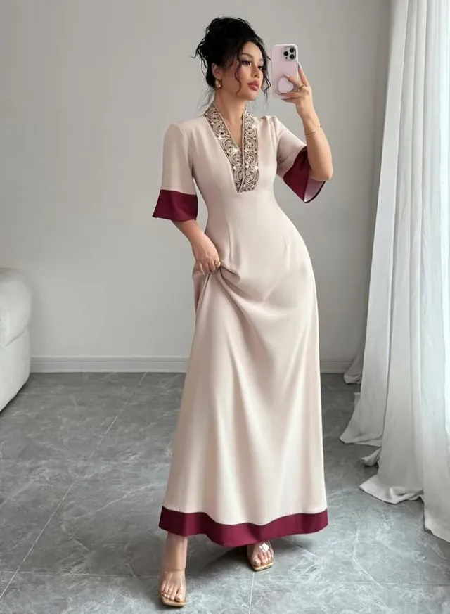 Beige Contrast Trim V Neck A-Line Maxi Dress with Embellished Detail
