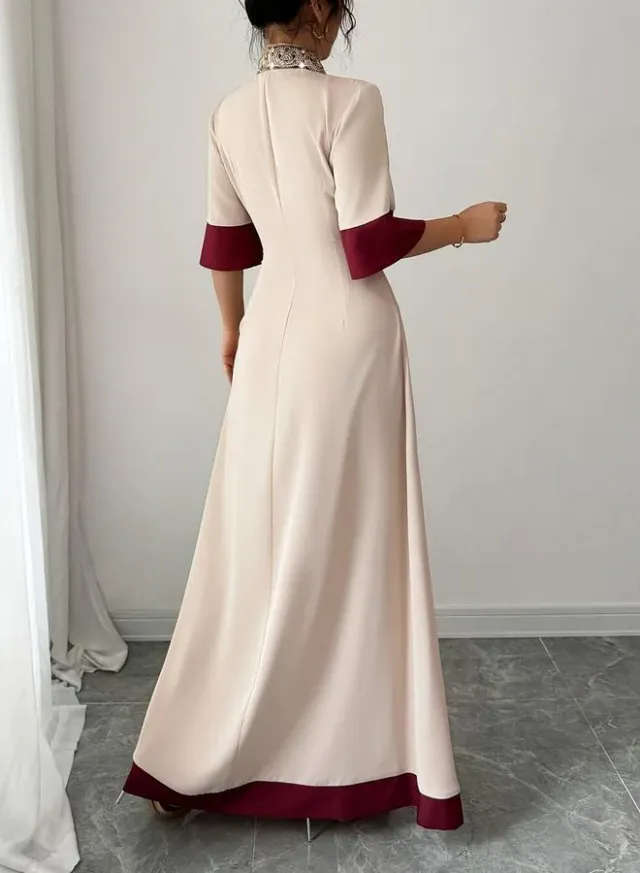Beige Contrast Trim V Neck A-Line Maxi Dress with Embellished Detail – صورة 3
